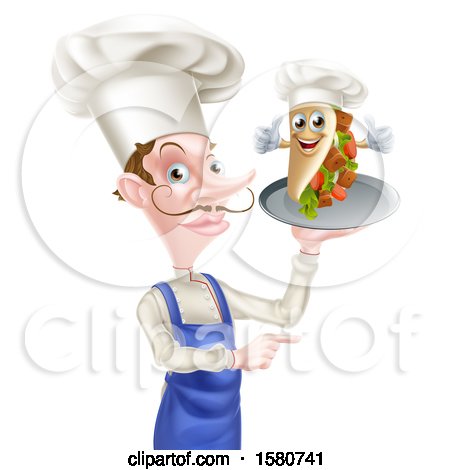 Clipart of a White Male Chef Holding a Souvlaki Kebab Sandwich on a Tray - Royalty Free Vector Illustration by AtStockIllustration