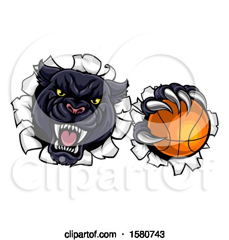 Clipart of a Black Panther Mascot Breaking Through a Wall with a Basketball - Royalty Free Vector Illustration by AtStockIllustration