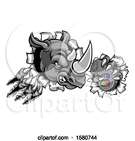 Clipart of a Tough Rhino Monster Mascot Holding a Video Game Controller and Breaking Through a Wall - Royalty Free Vector Illustration by AtStockIllustration