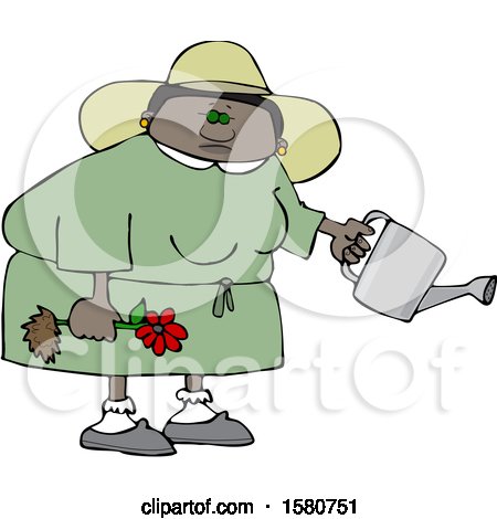 Clipart of a Cartoon Black Woman Holding a Flower Ready to Be Planted and a Watering Can - Royalty Free Vector Illustration by djart