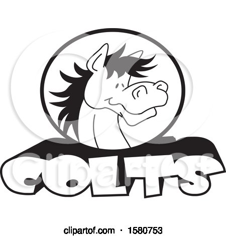 Clipart of a Black and White Horse Mascot over Colts Text - Royalty Free Vector Illustration by Johnny Sajem