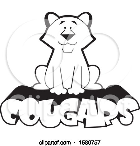 Clipart of a Black and White Sitting Cougar Big Cat Mascot on Text - Royalty Free Vector Illustration by Johnny Sajem