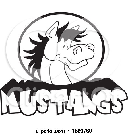 Clipart of a Black and White Horse Mascot over Mustangs Text - Royalty Free Vector Illustration by Johnny Sajem