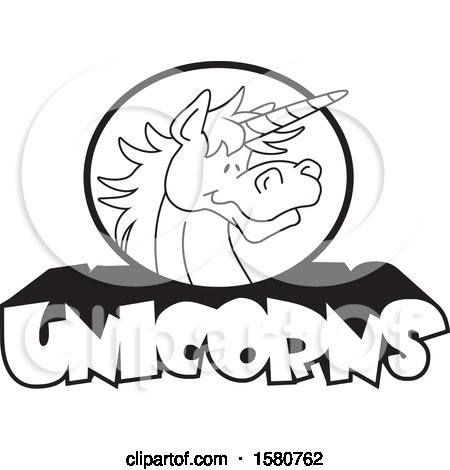 Clipart of a Black and White Unicorn Mascot over Text - Royalty Free Vector Illustration by Johnny Sajem