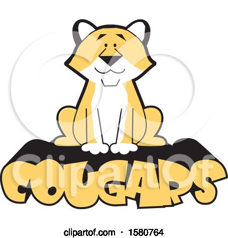 Clipart of a Sitting Cougar Big Cat Mascot on Text - Royalty Free Vector Illustration by Johnny Sajem