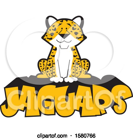 Clipart of a Sitting Jaguar Big Cat Mascot on Text - Royalty Free Vector Illustration by Johnny Sajem
