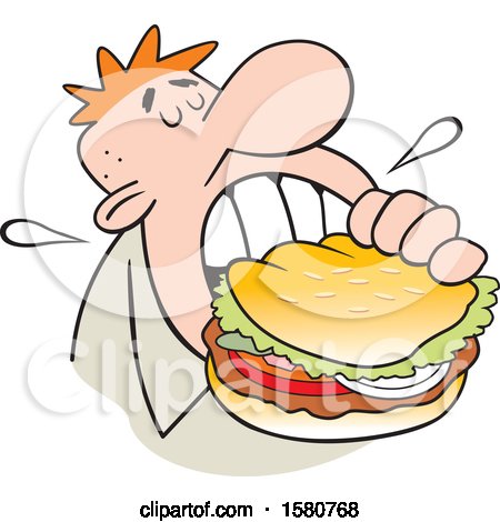 Clipart of a Cartoon White Man Taking a Bite of a Big Burger - Royalty Free Vector Illustration by Johnny Sajem