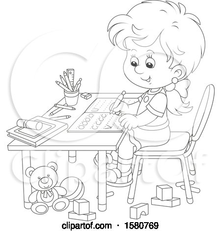 Clipart of a Lineart School Girl Writing Letters at Her Desk - Royalty Free Vector Illustration by Alex Bannykh