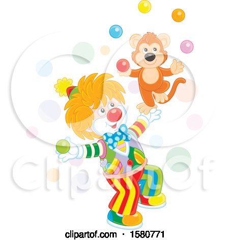 Clipart of a Circus Clown and Monkey Juggling - Royalty Free Vector Illustration by Alex Bannykh
