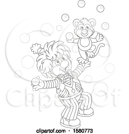 Clipart of a Lineart Cute Clown and Monkey Juggling - Royalty Free Vector Illustration by Alex Bannykh