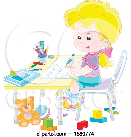 Clipart of a Blond White School Girl Writing Letters at Her Desk - Royalty Free Vector Illustration by Alex Bannykh