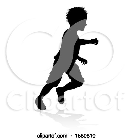 Clipart of a Silhouetted Boy Playing, with a Reflection or Shadow, on a White Background - Royalty Free Vector Illustration by AtStockIllustration