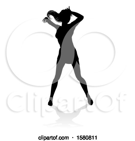 Clipart of a Silhouetted Female Dancer with a Reflection or Shadow, on a White Background - Royalty Free Vector Illustration by AtStockIllustration