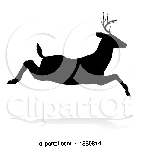 Clipart of a Black Silhouetted Deer Stag Buck Leaping, with a Shadow on a White Background - Royalty Free Vector Illustration by AtStockIllustration