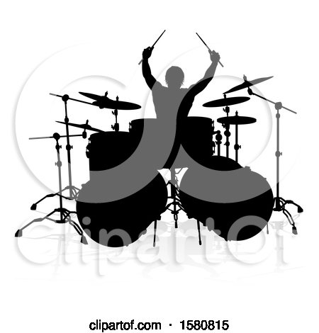 Clipart of a Silhouetted Male Drummer, with a Reflection or Shadow, on a White Background - Royalty Free Vector Illustration by AtStockIllustration