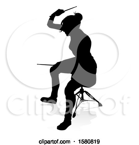 Clipart of a Silhouetted Female Drummer, with a reflection or shadow, on a white background - Royalty Free Vector Illustration by AtStockIllustration