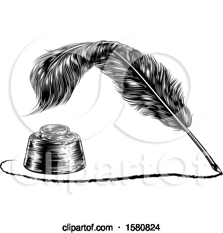 Clipart of a Feather Quill Pen Drawing a Line Around an Ink Well - Royalty Free Vector Illustration by AtStockIllustration