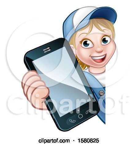 Clipart of a White Female Worker Holding a Cell Phone Around a Sign - Royalty Free Vector Illustration by AtStockIllustration