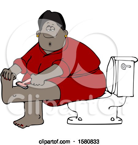 Clipart of a Cartoon Black Woman Sitting on a Toilet in a Bathroom and Shaving Her Legs - Royalty Free Vector Illustration by djart
