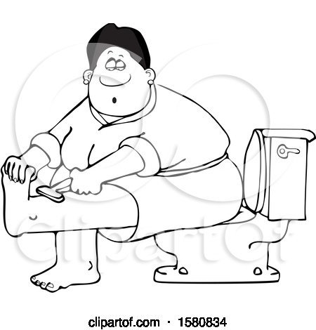 Clipart of a Cartoon Lineart Black Woman Sitting on a Toilet in a Bathroom and Shaving Her Legs - Royalty Free Vector Illustration by djart