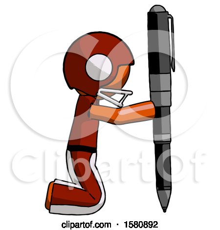 Orange Football Player Man Posing with Giant Pen in Powerful yet Awkward Manner. by Leo Blanchette