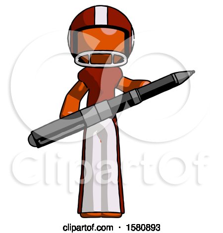 Orange Football Player Man Posing Confidently with Giant Pen by Leo Blanchette