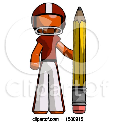 Orange Football Player Man with Large Pencil Standing Ready to Write by Leo Blanchette