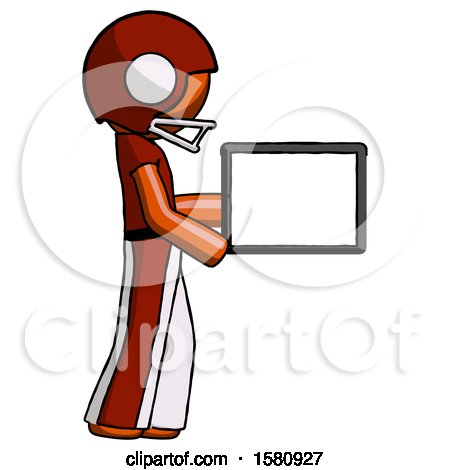 Orange Football Player Man Show Tablet Device Computer to Viewer, Blank Area by Leo Blanchette
