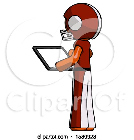 Orange Football Player Man Looking at Tablet Device Computer with Back to Viewer by Leo Blanchette