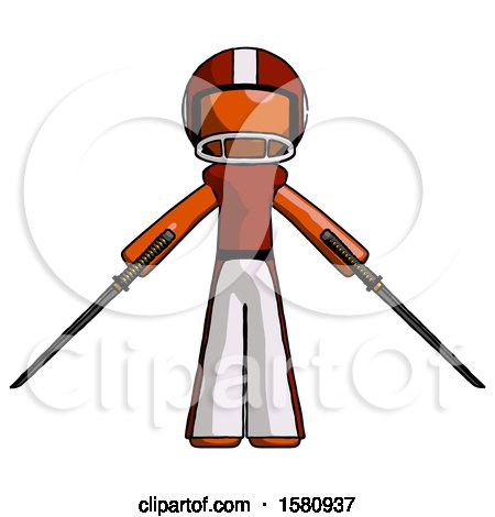 Orange Football Player Man Posing with Two Ninja Sword Katanas by Leo Blanchette