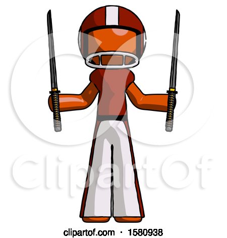 Orange Football Player Man Posing with Two Ninja Sword Katanas up by Leo Blanchette
