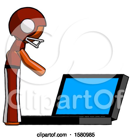 Orange Football Player Man Using Large Laptop Computer Side Orthographic View by Leo Blanchette