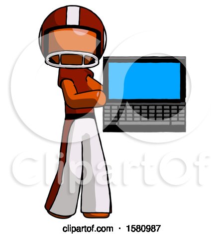 Orange Football Player Man Holding Laptop Computer Presenting Something on Screen by Leo Blanchette