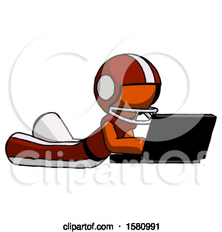 Orange Football Player Man Using Laptop Computer While Lying on Floor Side Angled View by Leo Blanchette