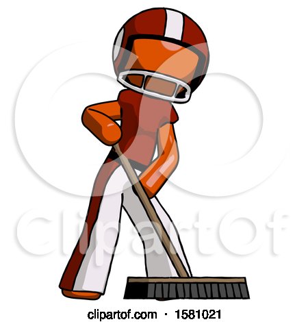 Orange Football Player Man Cleaning Services Janitor Sweeping Floor with Push Broom by Leo Blanchette