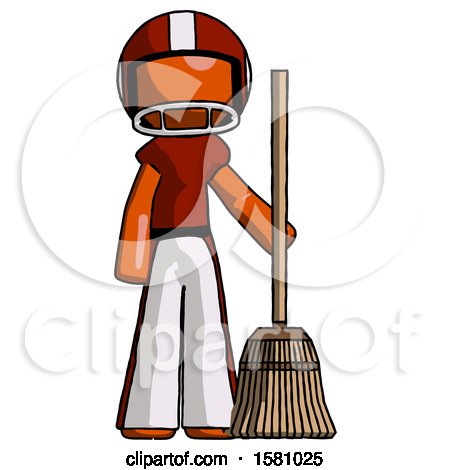 Orange Football Player Man Standing with Broom Cleaning Services by Leo Blanchette