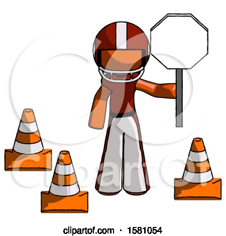 Orange Football Player Man Holding Stop Sign by Traffic Cones Under Construction Concept by Leo Blanchette