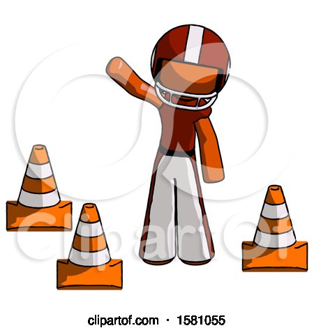 Orange Football Player Man Standing by Traffic Cones Waving by Leo Blanchette