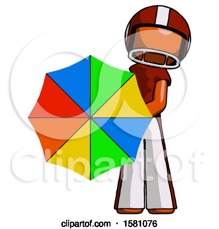 Orange Football Player Man Holding Rainbow Umbrella out to Viewer by Leo Blanchette