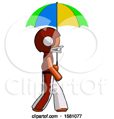 Orange Football Player Man Walking with Colored Umbrella by Leo Blanchette
