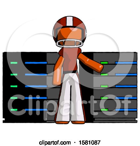 Orange Football Player Man with Server Racks, in Front of Two Networked Systems by Leo Blanchette