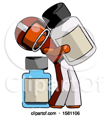Orange Football Player Man Holding Large White Medicine Bottle with Bottle in Background by Leo Blanchette
