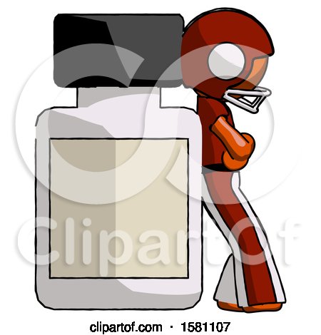 Orange Football Player Man Leaning Against Large Medicine Bottle by Leo Blanchette