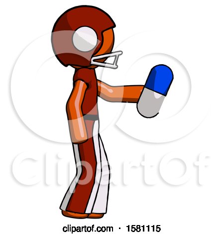 Orange Football Player Man Holding Blue Pill Walking to Right by Leo Blanchette