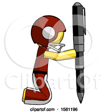 Yellow Football Player Man Posing with Giant Pen in Powerful yet Awkward Manner. by Leo Blanchette
