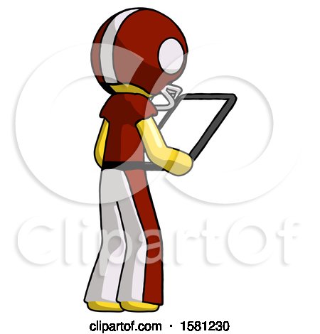 Yellow Football Player Man Looking at Tablet Device Computer Facing Away by Leo Blanchette