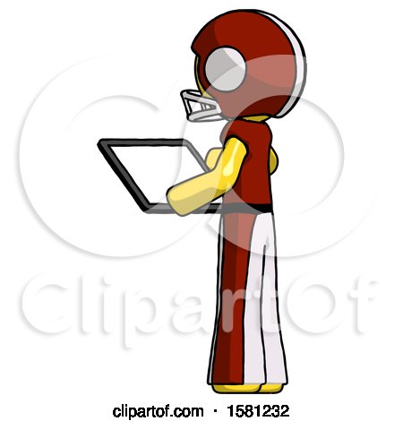 Yellow Football Player Man Looking at Tablet Device Computer with Back to Viewer by Leo Blanchette