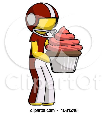 Yellow Football Player Man Holding Large Cupcake Ready to Eat or Serve by Leo Blanchette
