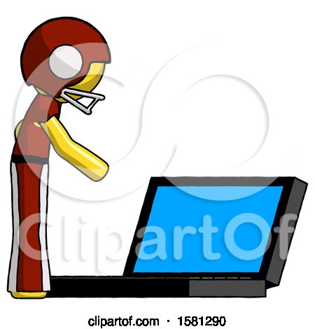 Yellow Football Player Man Using Large Laptop Computer Side Orthographic View by Leo Blanchette
