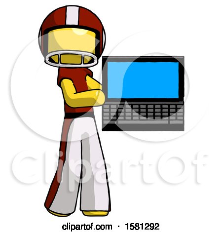Yellow Football Player Man Holding Laptop Computer Presenting Something on Screen by Leo Blanchette